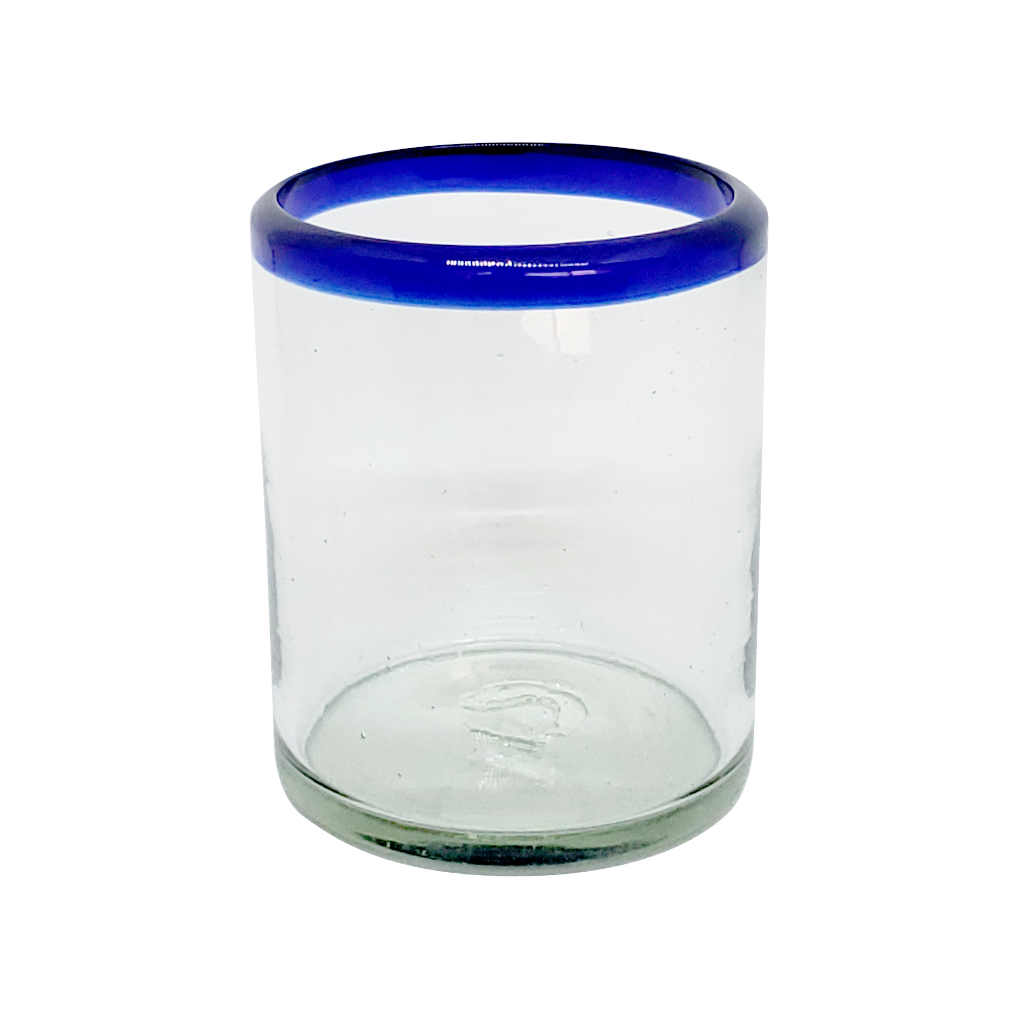 Vasos de Vidrio Soplado / Juego de 6 vasos chicos con borde azul cobalto / Éste festivo juego de vasos es ideal para tomar leche con galletas o beber limonada en un día caluroso.